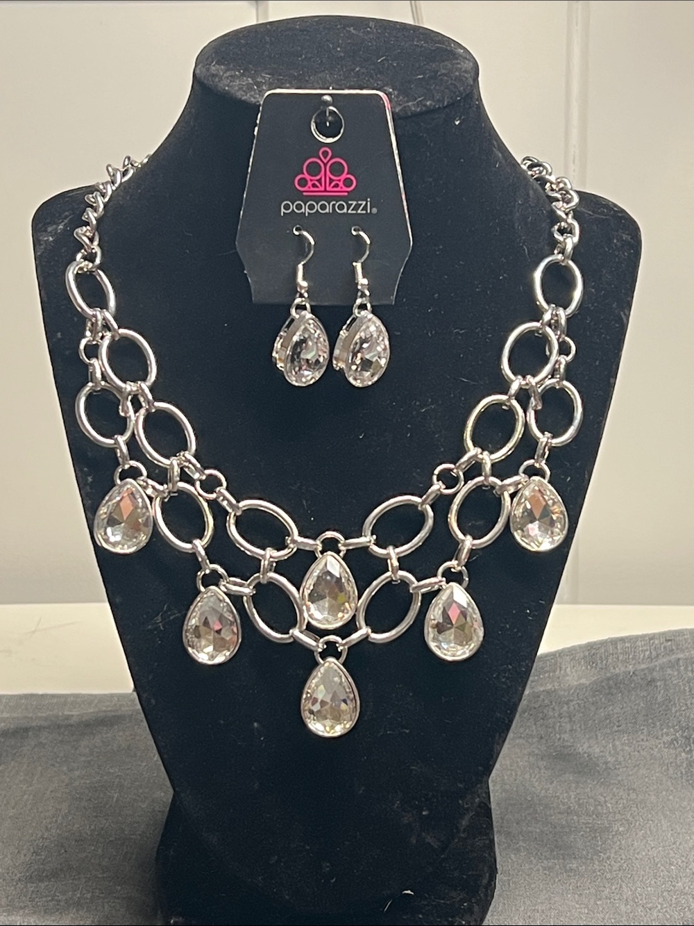 Paparazzi Silver Clear Teardrop Double-Row Statement Necklace & Earrings